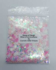 Cosmetic Grade Glitter Shapes 8g White & Pink Snowflakes